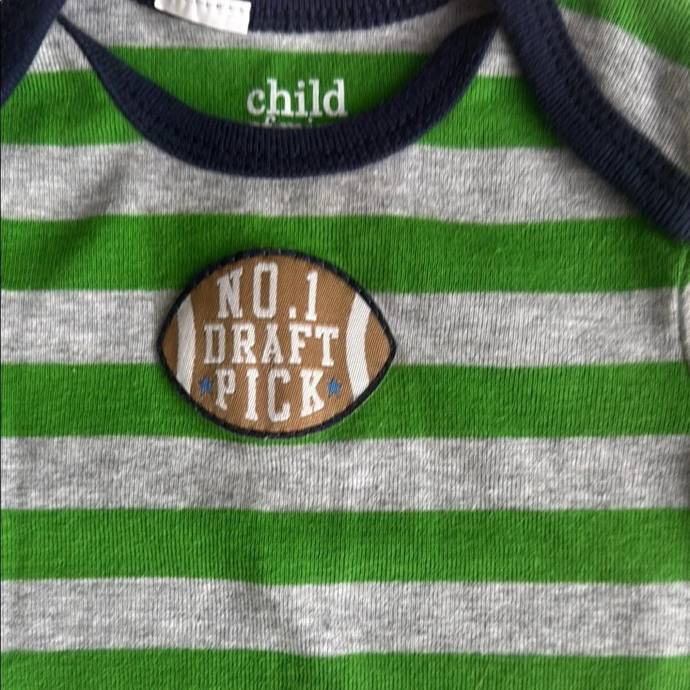 Carter’s Striped Green & Gray “Draft Pick” Long Sleeve Onesie Boys 3-6 Mos